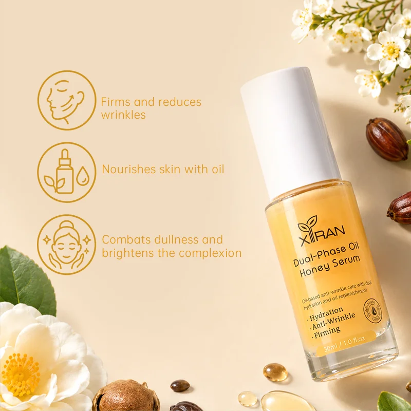 Bottle of dual-phase oil honey serum with skincare benefits promoting hydration, anti-wrinkle care, and firming, surrounded by natural ingredients.